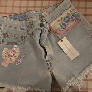 LoveShackFancy Floral Embroidered Jean Shorts